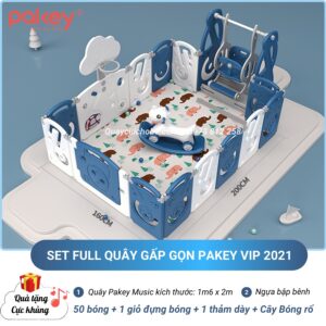 [Gấp gọn 2021] Quây Cũi Nhựa Pakey Music Set Full Cầu Trượt Xích Đu Cho Bé – Tặng Kèm Bóng Rổ, Thảm & Bóng Đẹp!